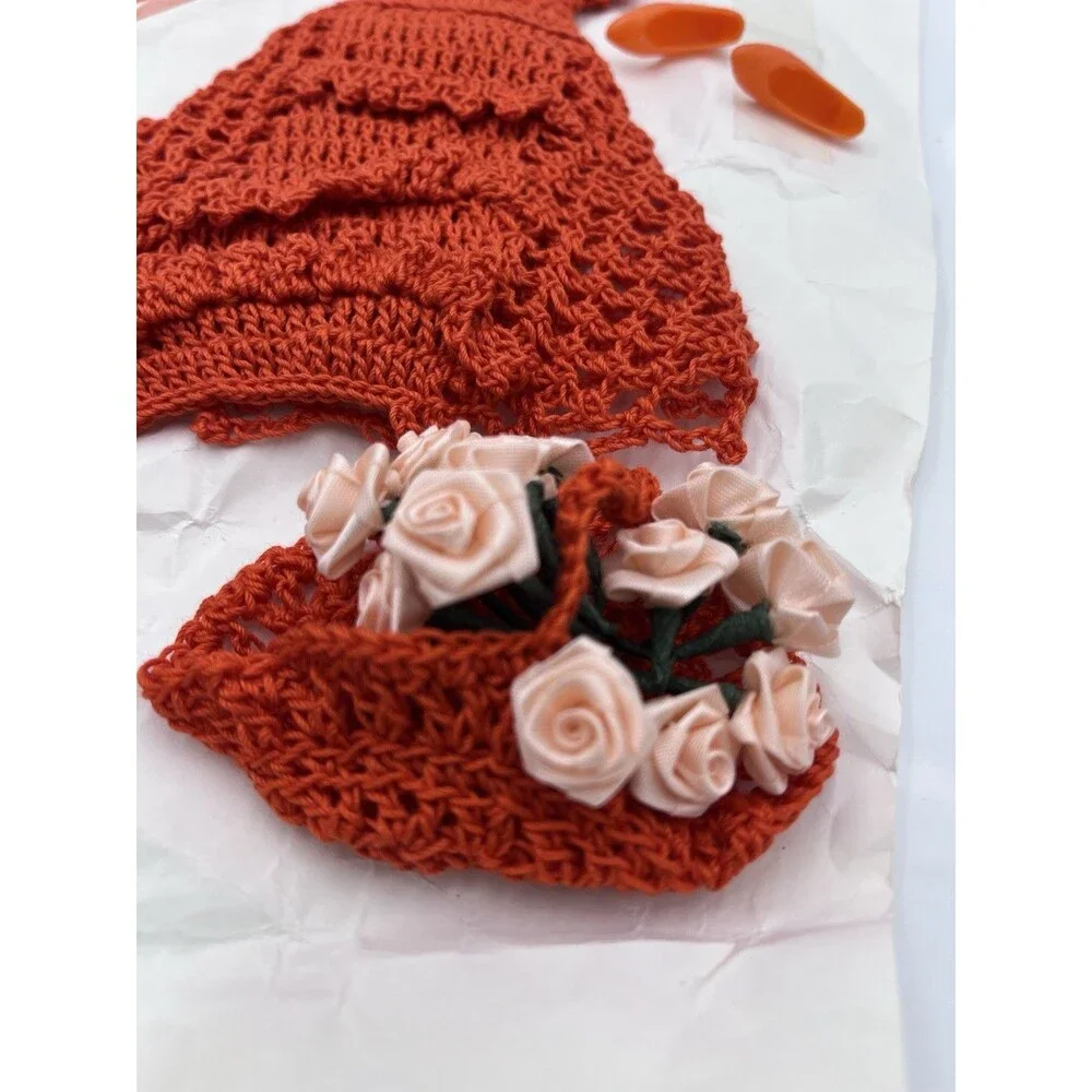 Vtg New Handmade Crocheted Orange Dress, Barbie Size With Hat, Purse, Shoes